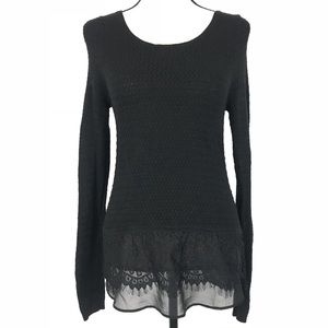 Lucky Brand Black Textured Lace Trim Sweater